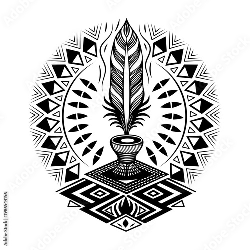Glyph style illustration representing feather ritual