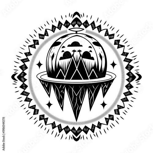 Glyph style illustration depicting floating island