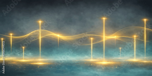 Sunset over river with city light trails under evening sky, clouds, aurora and storm energy