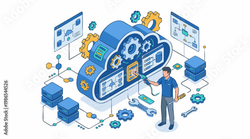 A man performs maintenance and development on a large cloud computing system with various tools and monitors.