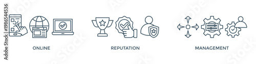 ORM banner web icon vector illustration concept for online reputation management with icon of internet, browser, winner, trust, favorite, and business