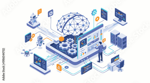 The AI development and maintenance process of technology infrastructure is underway in a modern workspace.