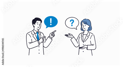 A male and female healthcare professional in white coats stand opposite each other while gesturing toward blue and white speech bubbles.