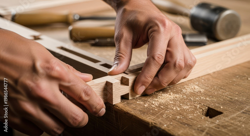 Hands meticulously assembling a wooden joint in a woodworking project.