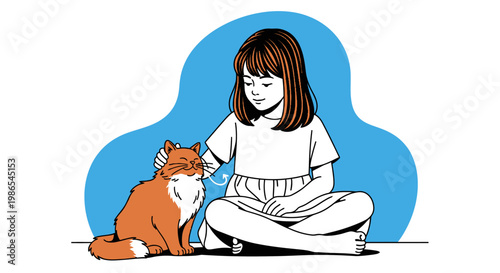 Girl petting orange cat sitting.