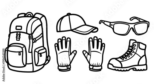 Hiking gear and accessories set.