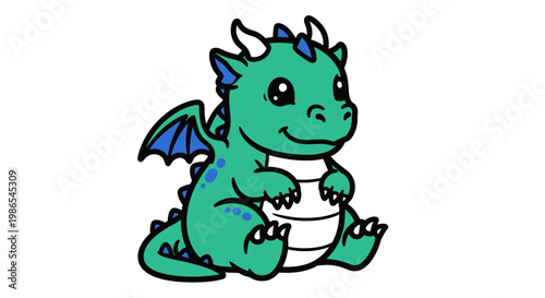 Smiling green cartoon dragon creature.