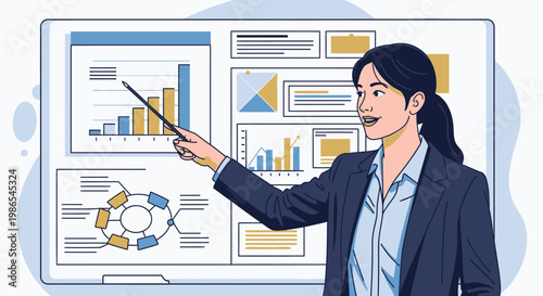 Businesswoman presenting data on screen 1.