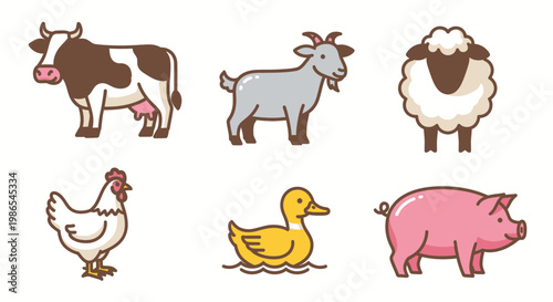 Farm animals in a row standing.