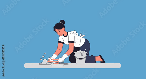 Woman cleaning with a bucket.