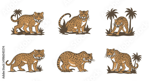 Collection of six tiger illustrations.