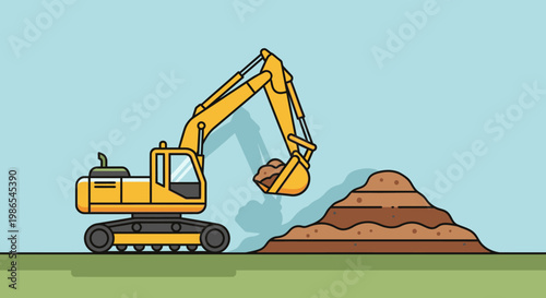Yellow excavator digging earth ground.