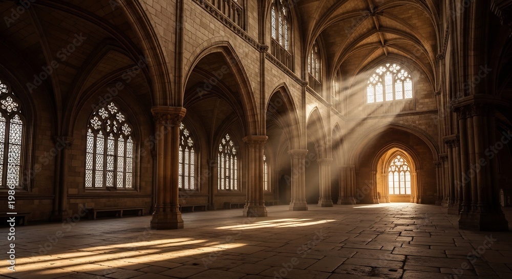 Obraz premium Sunbeams illuminate ancient gothic cathedral interior with ornate windows.