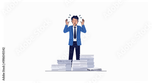 A frantic male employee in a blue blazer stands among stacks of white paper sheets with his hands raised in distress against a white backdrop.