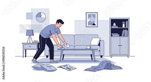 Man placing furniture covers on sofa.