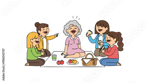 Joyful Family Picnic Gathering, Laughter, Outdoor Activity, Summer Fun, Generational Bonding
