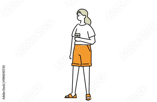テイクアウトドリンクを手に佇む女性の線画イラスト