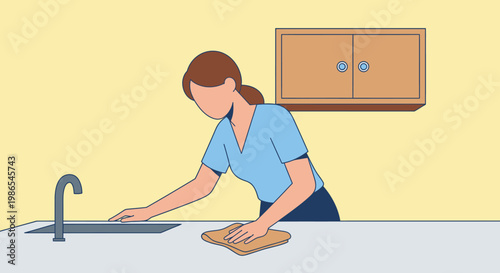 Woman Cleaning Kitchen Countertop With Cloth.
