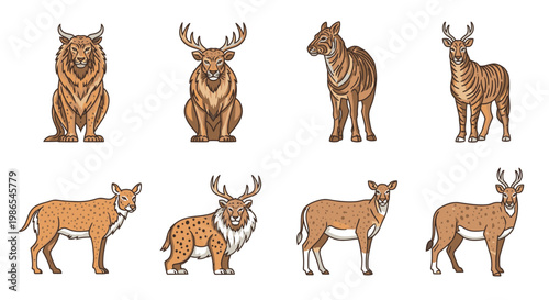 Collection of various deer animals standing.