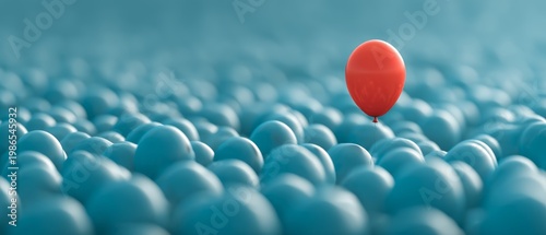 Unique Red Balloon Floating Above Blue Spheres in Dreamy Scene