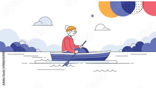 Solo Rowing Boat Adventure Illustration - Nautical Journey Concept