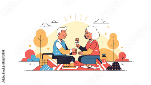 Senior Couple Picnic Romance: Love, Companionship, and Active Retirement Lifestyle Illustration