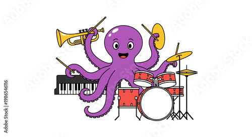 Octopus playing musical instruments happily.
