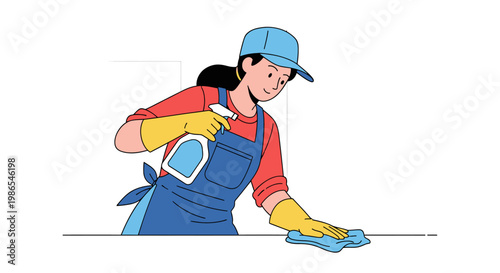 Woman cleaning with cloth and spray.