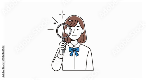 Female student wearing a white school blouse and blue ribbon holding a magnifying glass over her right eye with decorative star sparkles.