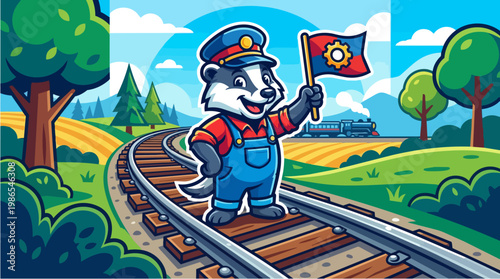 Bear Railway Conductor On Tracks.
