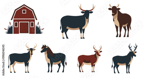 Collection of various deer and bulls.