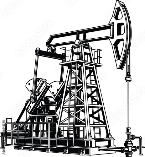 Oil pump jack industrial machinery extracting petroleum in energy industry, detailed mechanical equipment line vector illustration