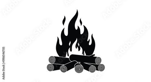 Black silhouette of a campfire with burning flames and stacked logs