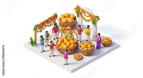 Isometric illustration showcasing India's mango season and harvest, featuring people around baskets overflowing with ripe mangoes, decorated with traditional garlands against a clean white