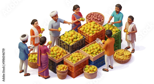 Overhead vector illustration depicting an Indian mango harvest season, where farmers are sorting organic mangoes into crates for the bright summer fruit market, set against a clean white