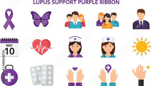 Lupus Support Purple Ribbon Icons Vector Set for Awareness and Health Campaigns
