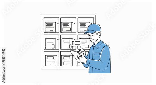 Delivery person in a blue uniform and cap checking inventory on a digital tablet in front of a storage shelf with multiple cardboard boxes.