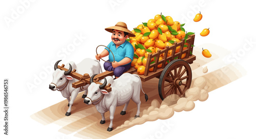 Illustration of a farmer with a hat driving a bullock cart filled with a mango harvest, depicted in a cartoon style with vibrant, warm colors against a clean white background