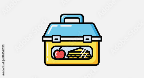 Colorful cartoon lunch box with food.