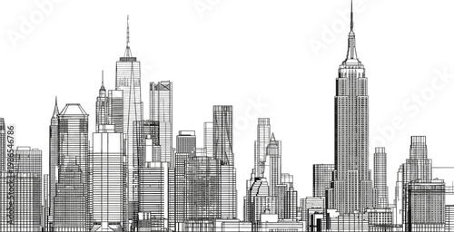 New York City skyline with iconic skyscrapers including Empire State Building in detailed architectural line vector illustration