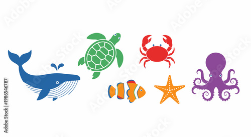 Colorful ocean sea creatures icons set 1.