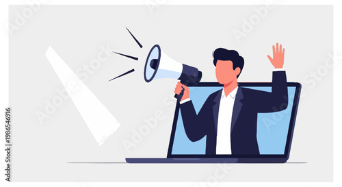 A man in a dark suit emerges from a laptop screen while holding a megaphone and raising his hand on a grey background.