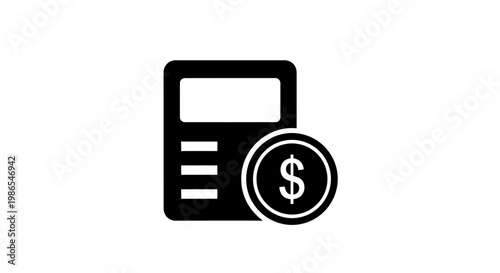 Black and white icon depicting a calculator with a dollar coin, symbolizing financial calculations and business accounting.