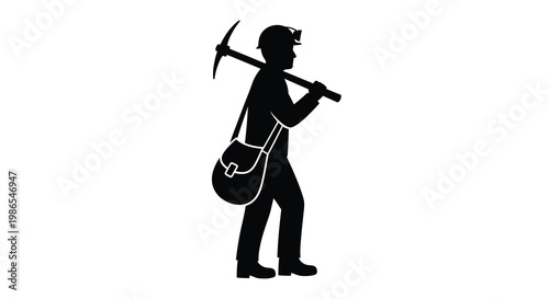 Silhouette of a miner carrying a pickaxe and bag over his shoulder