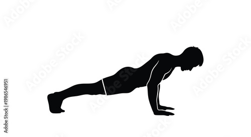 Silhouette of a man performing a push up exercise against a white background