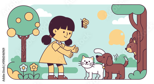 Little girl with dog and cat.