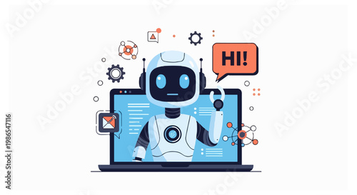 A white robot with blue eyes appears on a dark laptop screen with a red speech bubble saying hi surrounded by technical icons.