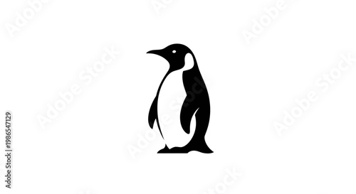 A minimalist black and white illustration of a standing penguin, depicted in profile on a plain white background.