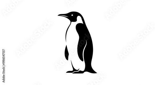 Elegant black and white silhouette of a standing emperor penguin, depicted in a minimalist graphic style.