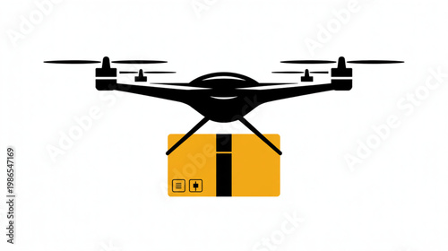 Drone Delivery, Parcel Transport, Aerial Logistics, Black Drone with Yellow Package